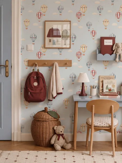 Hot air balloon wallpaper with watercolor balloons, ivory clouds and peach gold stars on pale powder blue