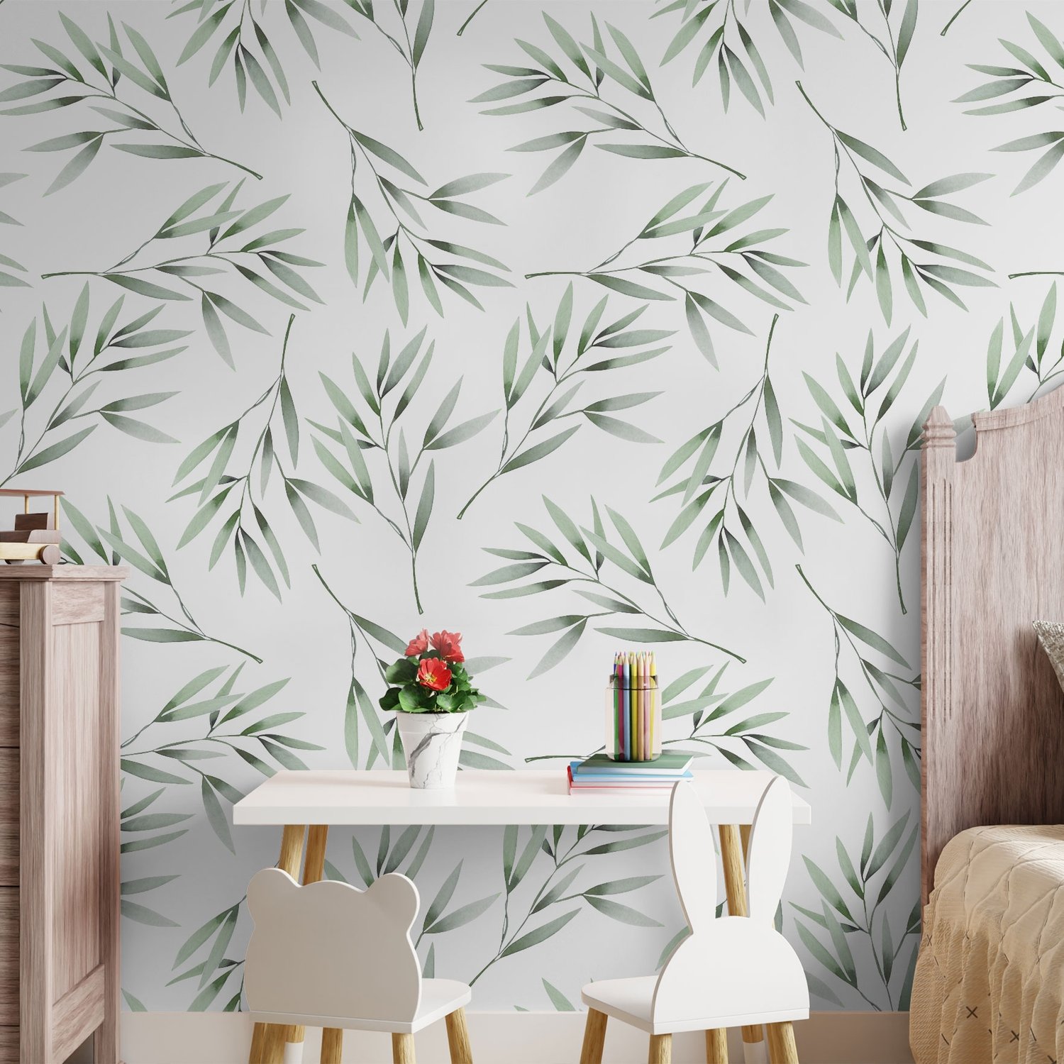 Watercolor Green Olive Leaves Pattern Wallpaper Mural - Peel and Stick