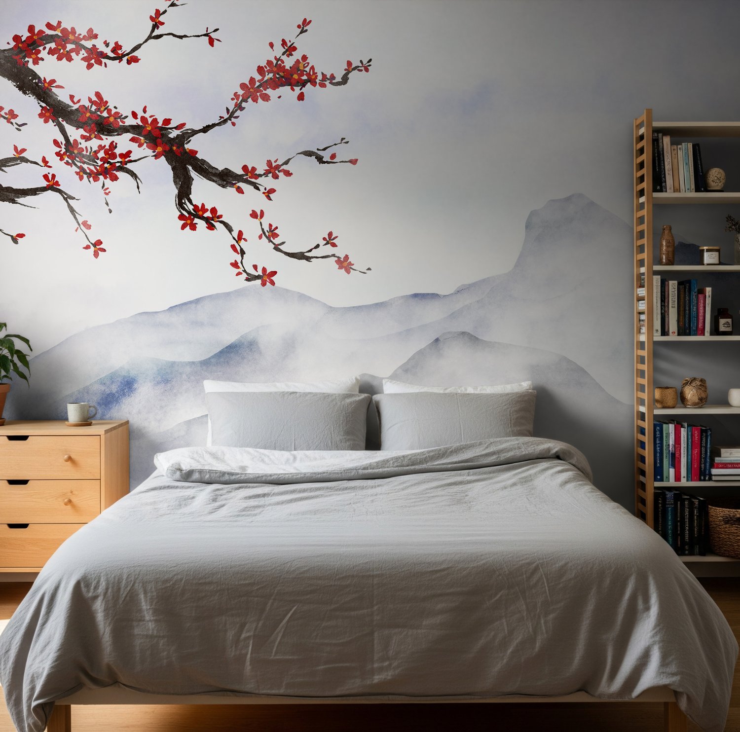 Snowy Mountainscape with Cherry Blossom Wallpaper Mural - Peel and Stick