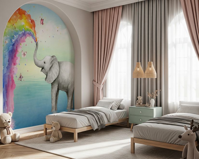 Kids Elephant with Watercolor Rainbow Wallpaper Mural