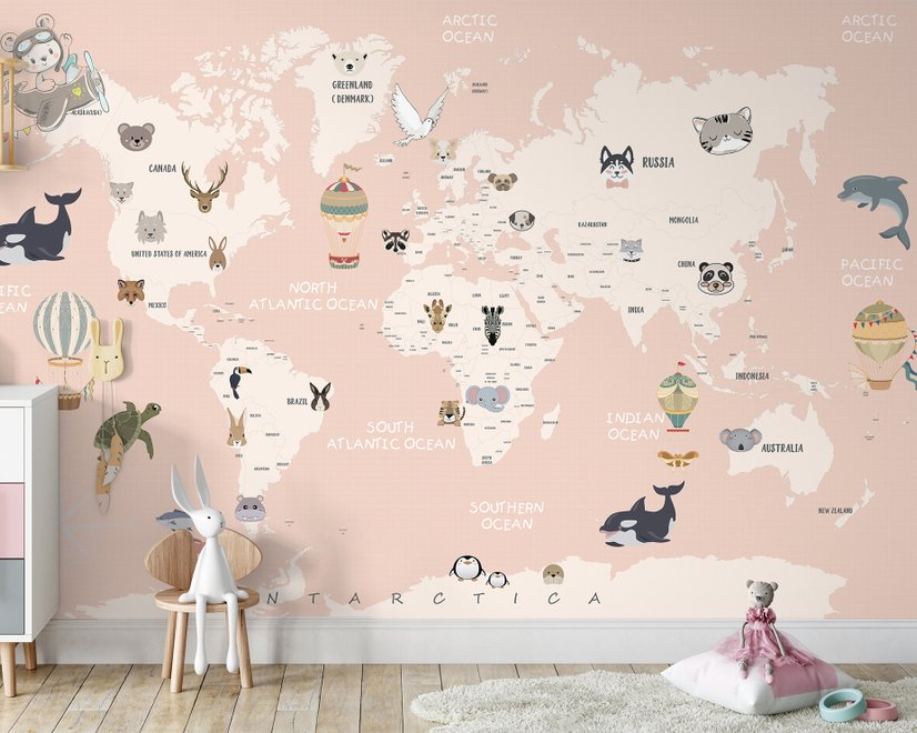 Kids Political World Map with Old Hot Air Balloons Wallpaper Mural