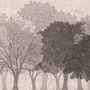 Misty forest nature wallpaper mural in greige, taupe and charcoal watercolour with birds