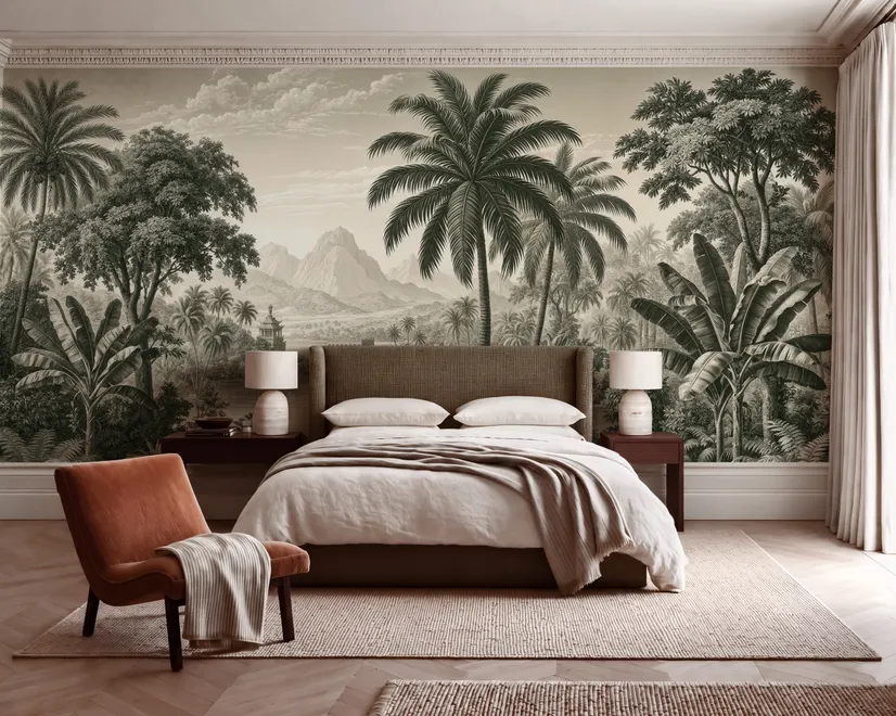 Sepia tropical landscape wallpaper with palms, banana plants, lagoon, bridge and mountains