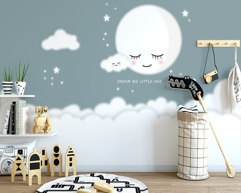 Papier peint panoramique pour le bébé qui dort, la lune et les nuages