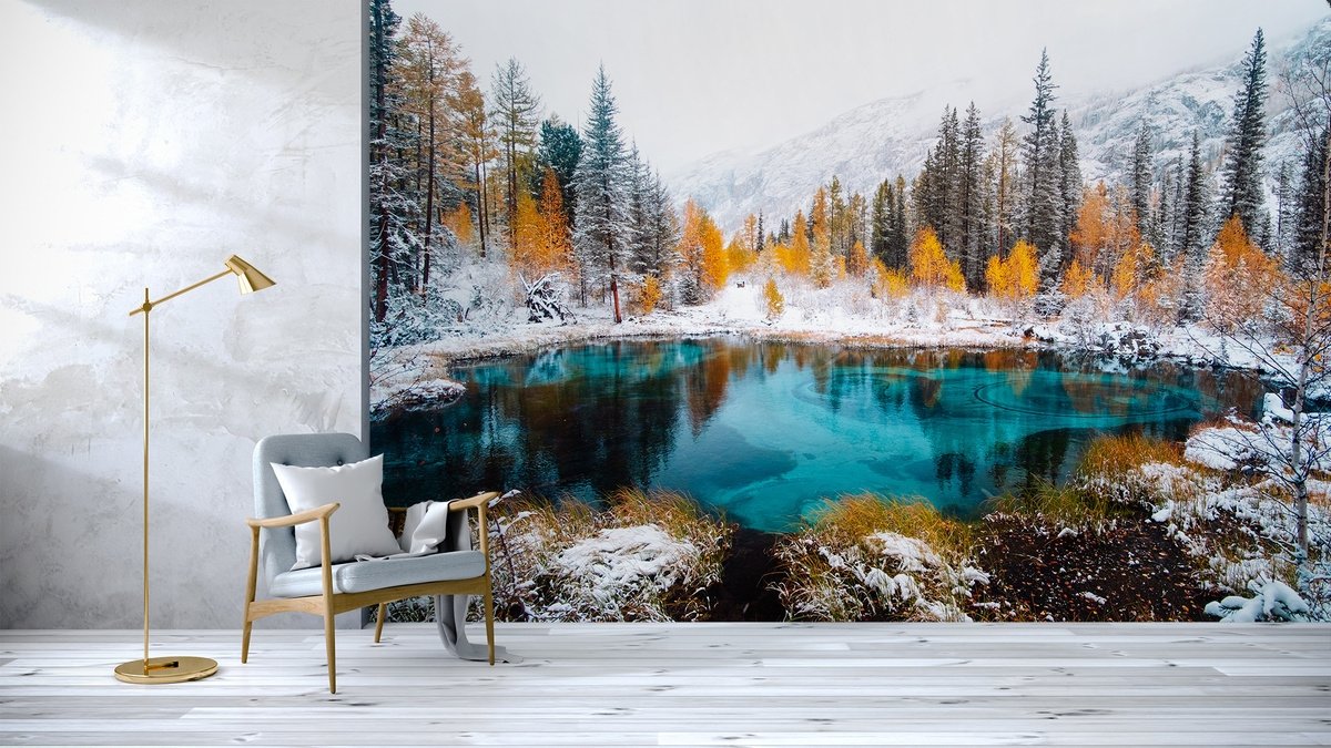 Winter Lake Landscape with Pine Forest Wallpaper Mural - Peel and Stick