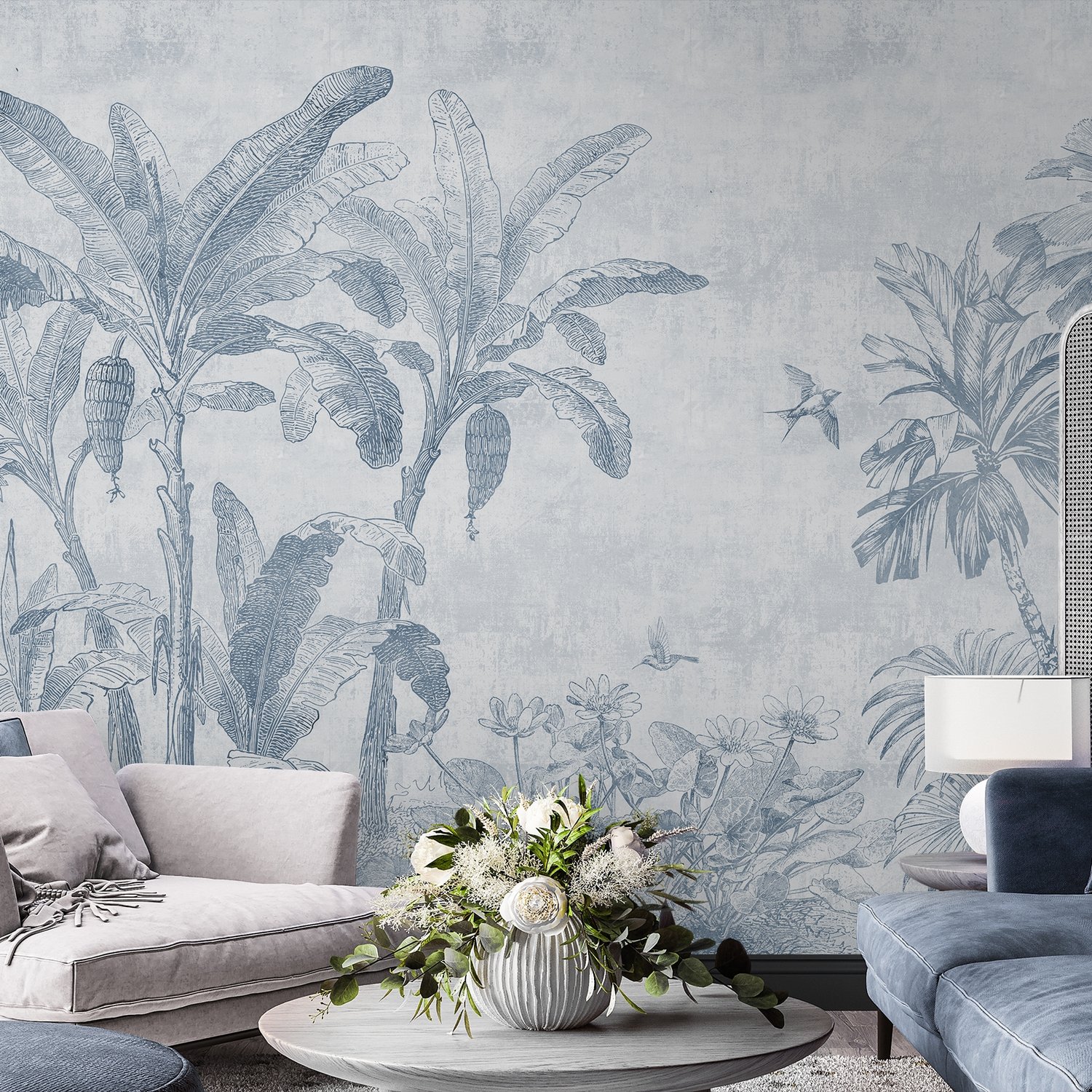 Monochrome Antique Jungle Landscape Wallpaper Mural - Peel and Stick