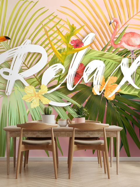 Pink Flamingo with Colorful Tropical Leaves Wallpaper Mural
