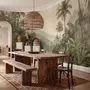Misty tropical forest wallpaper with palms, pale river and hazy hills in muted green sepia