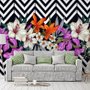 Papier peint panoramique fleurs colorées avec motif rayé noir et blanc