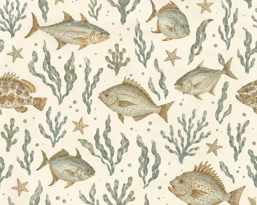 Watercolour fish wallpaper with sage seaweed, coral and starfish on a warm cream background
