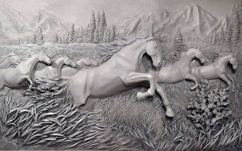 3D Embossed Look Cement Angel Horses Wallpaper Mural