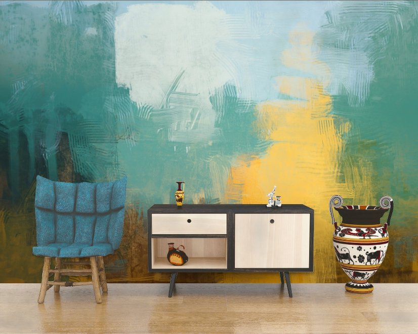 Watercolor Style Green Yellow Abstract Painting Wallpaper Mural