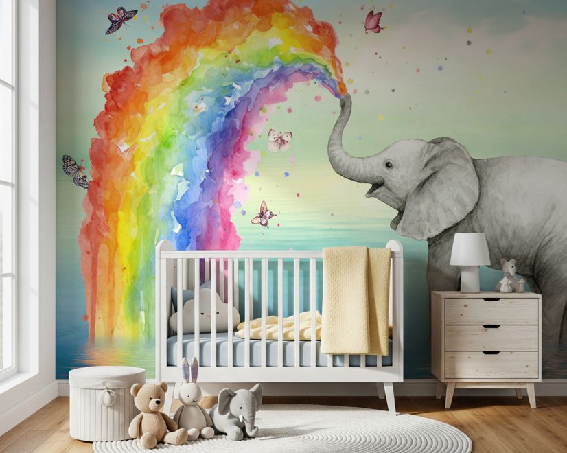 Kids Elephant with Watercolor Rainbow Wallpaper Mural
