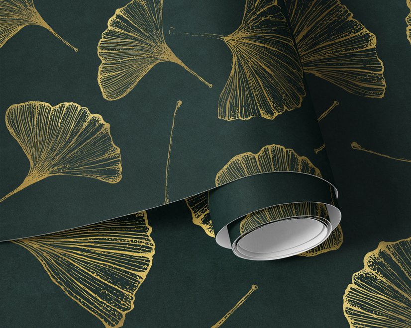 Dark green wallpaper with metallic antique-gold etched ginkgo leaves on a textured forest-green teal ground