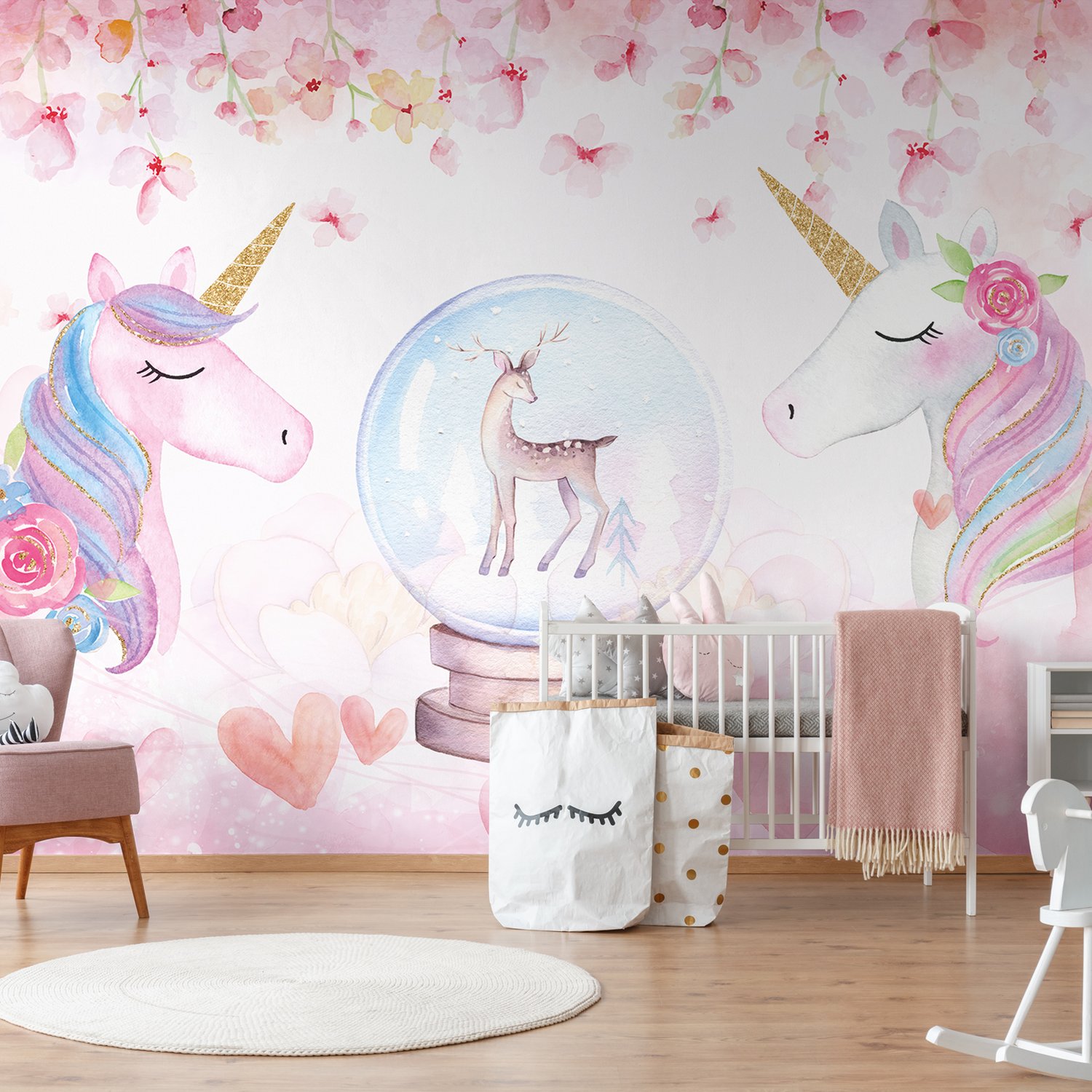 Kids Girls Unicorn with Pink Florals Wallpaper Mural - Peel and Stick