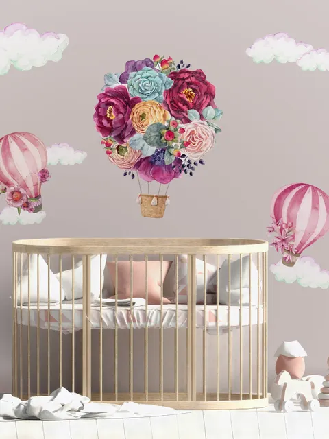 Buntes Blumenstrauß Heißluftballon und Rosa Wolken Wandtattoo