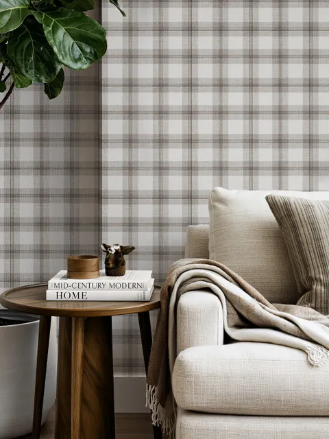 Neutral beige and brown plaid wallpaper with cream squares, taupe woven blocks and fine dark brown lines