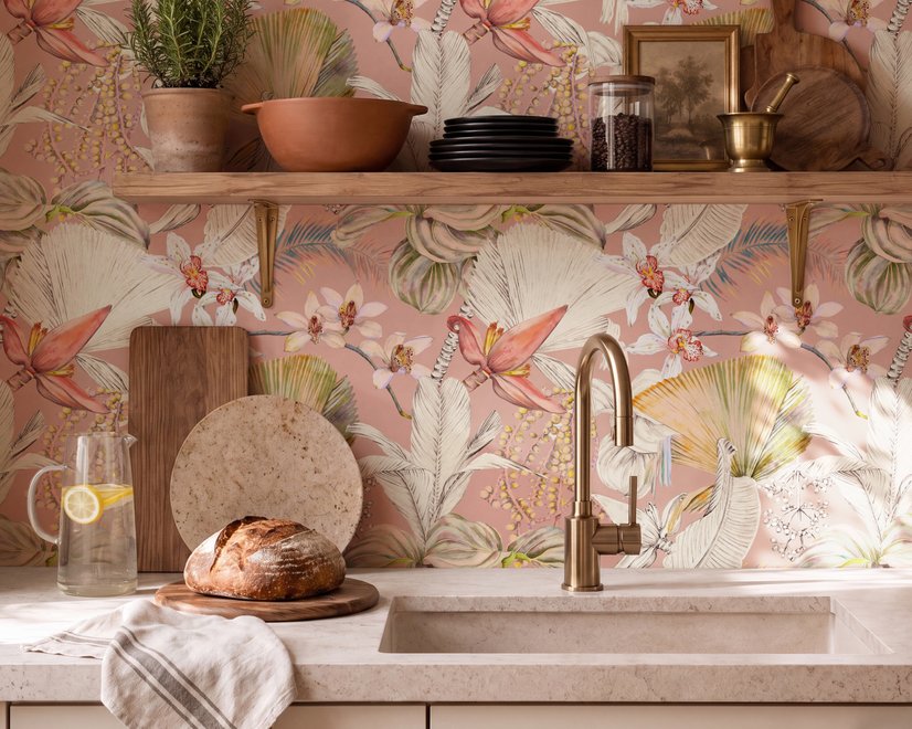 Pink tropical wallpaper with ivory fan palms, orchids, coral blossoms and sage foliage on dusty rose