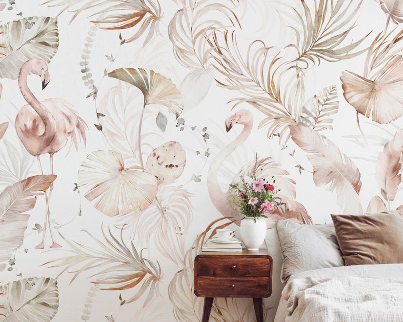 Soft Flamingo Art with Boho Tropical Leaf Wallpaper Mural