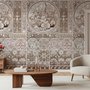 Antique wallpaper mural with Art Nouveau floral tile panels, sepia borders and blush botanical medallions