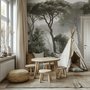 Forest in fog wallpaper with tall pine trees, grey mist, shrubs and a spiky palm in watercolour.