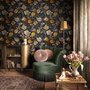 Japanese art wallpaper pattern with koi fish, gold peonies, mauve flowers and grey clouds on black