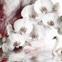 Swan and White Orchid with Red Smoke Pattern Wallpaper Mural