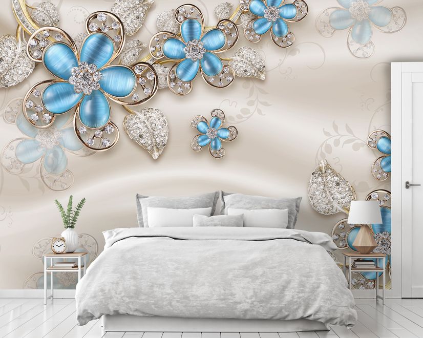 Blue Floral with Jewellery Leaf Wallpaper Mural