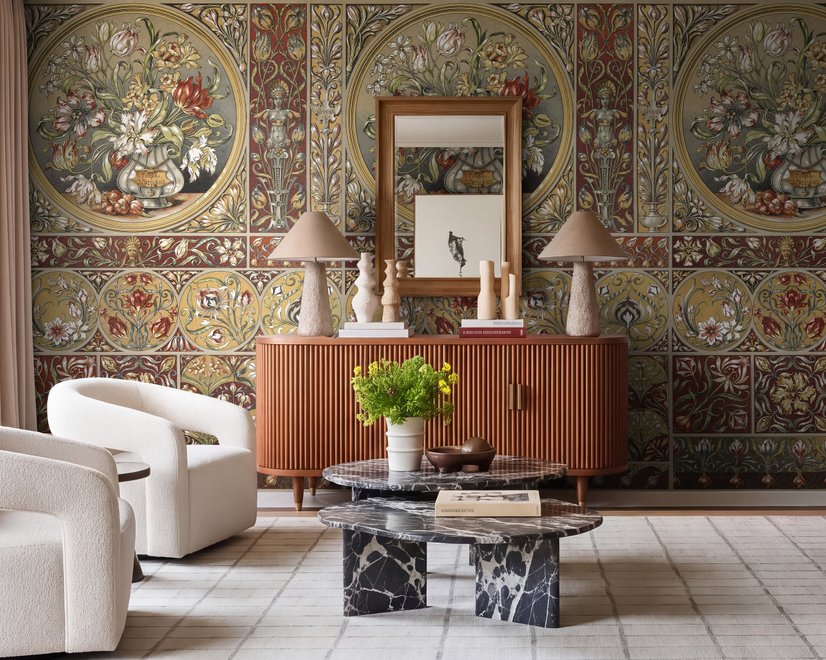 Antique style wallpaper mural with tulip vase medallion, floral tile panels and burgundy borders