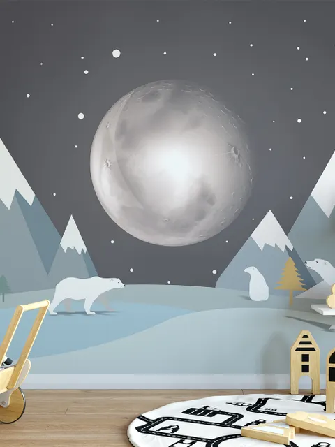Kids Mountainscape with Cute Bears and Nightscape Wallpaper Mural