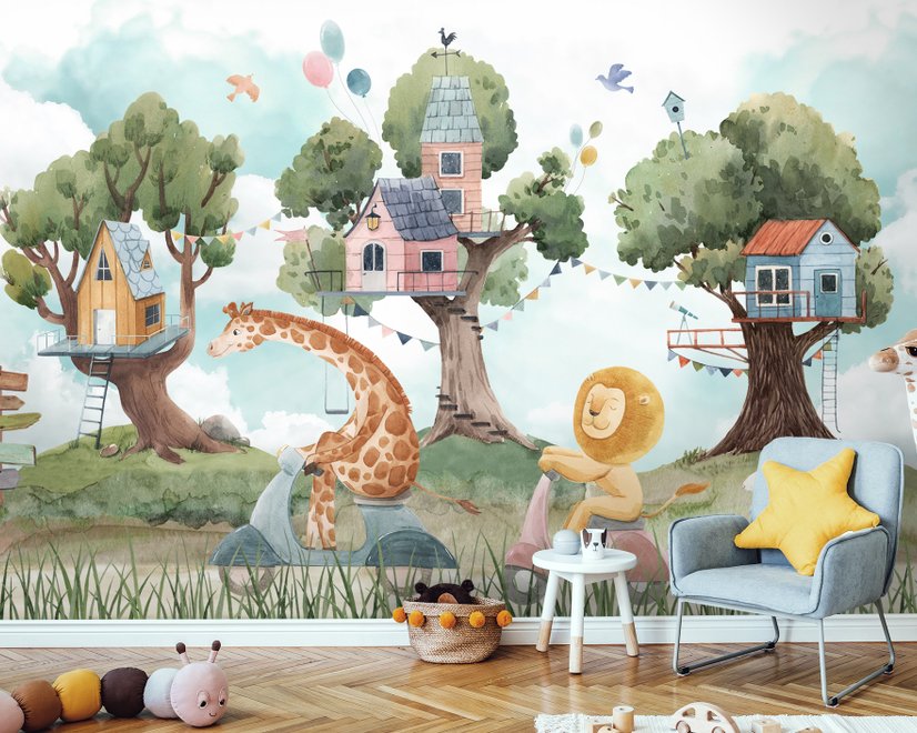 Papier peint animaux forêt cabane arbre enfants