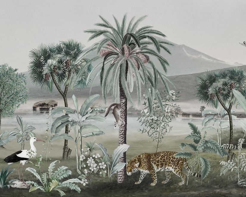 Vintage Exotic Landscape with Wild Animals Wallpaper Mural
