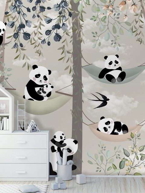 Papier peint panoramique de la chambre d'enfant Panda Bear on Hammock Trees
