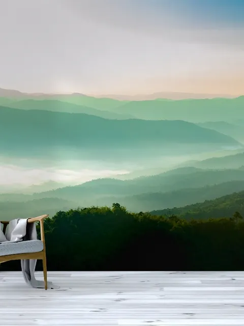 Misty Mountain Green Forest Scenic Wallpaper Mural