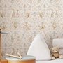 Cute rabbits wallpaper with woodland animals, white birds and acanthus scrolls on an ivory cream ground