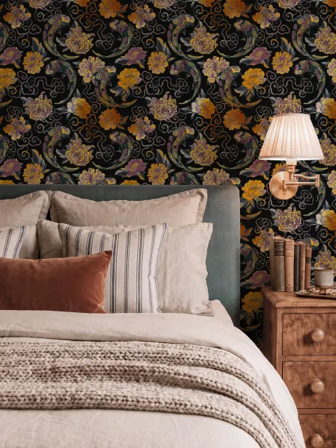 Japanese art wallpaper pattern with koi fish, gold peonies, mauve flowers and grey clouds on black