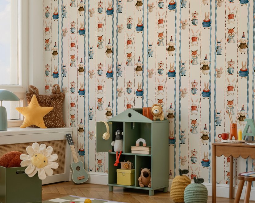 Cartoon wallpaper with rabbits, mice, a crowned fox and lambs in costumes between wavy blue stripes