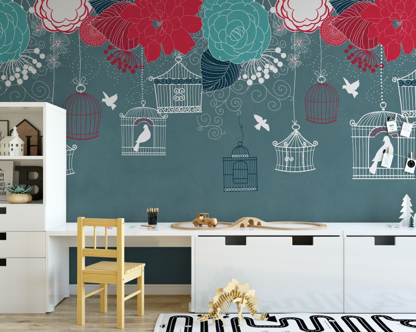 Cage Birds and Colorful Flowers Wallpaper Mural