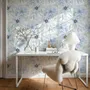 Blue floral wallpaper with watercolour anemone blooms, mint sage leaves and yellow ochre centres on white