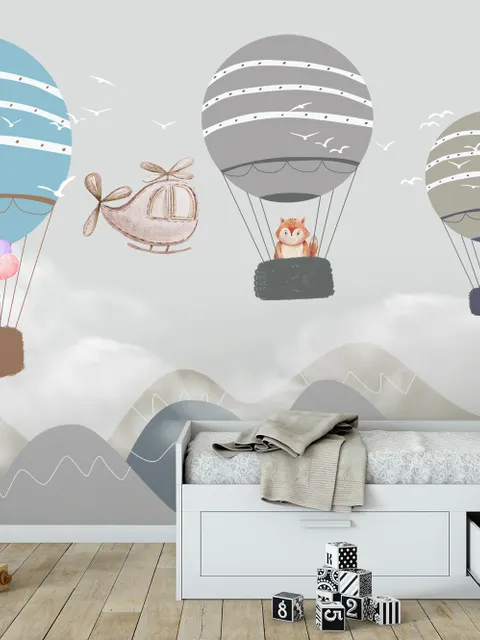 Kids Cartoon Hot Air Balloon and Airplane Wallpaper Mural