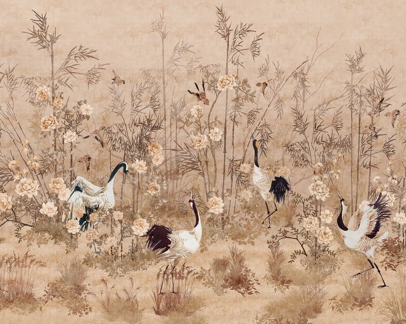 Chinese Peony Flowers and Bamboo Landscape with Crane Birds
