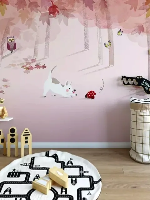 Pink Forest with Cats and Owl Wallpaper Mural