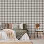 Neutral beige and brown plaid wallpaper with cream squares, taupe woven blocks and fine dark brown lines