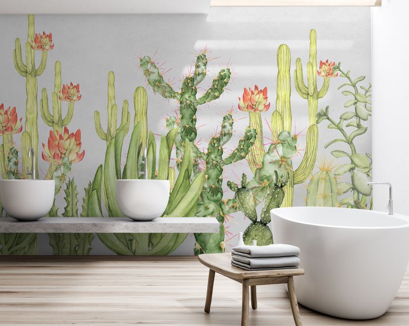 Papier peint panoramique aquarelle, fleurs du désert et cactus