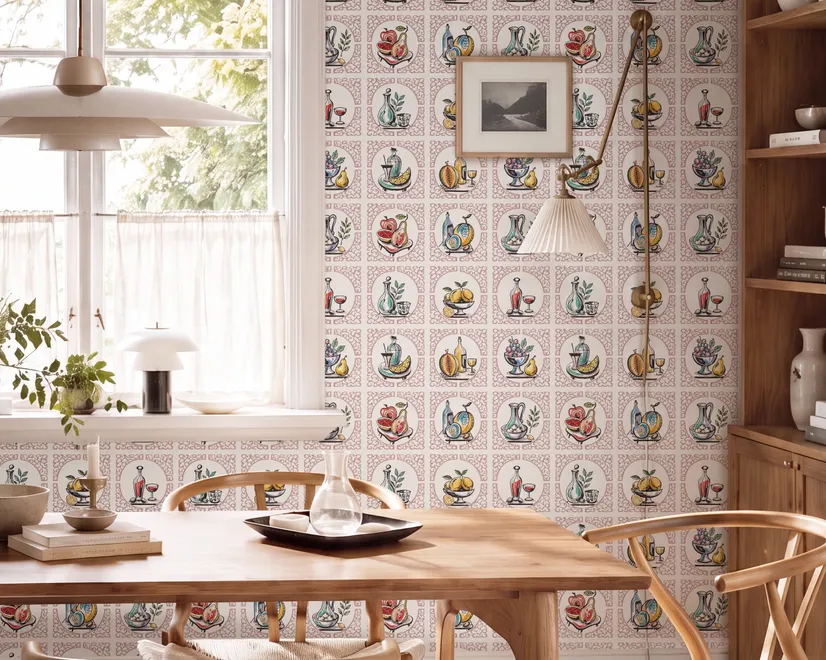 Bar wallpaper with cream tile grid, dusty rose arches, illustrated wine bottles, fruit and café still lifes
