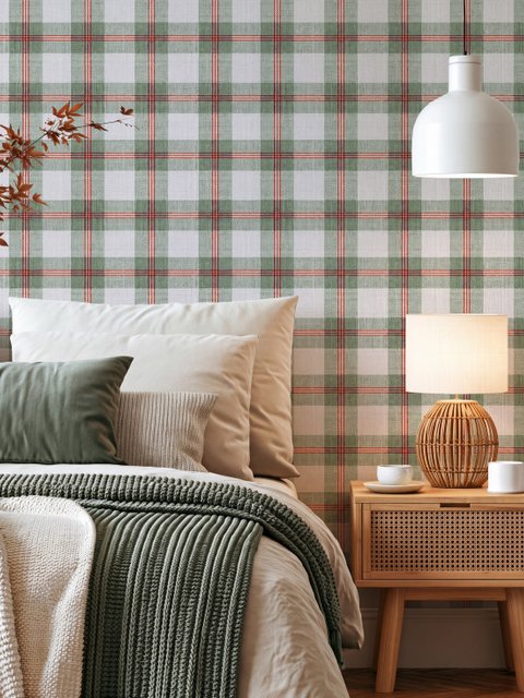 Sage green and cream-white tartan plaid wallpaper with deep red stripes and woven thread texture