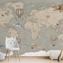 Papier peint enfant avec carte du monde politique en marron et animaux dessinés