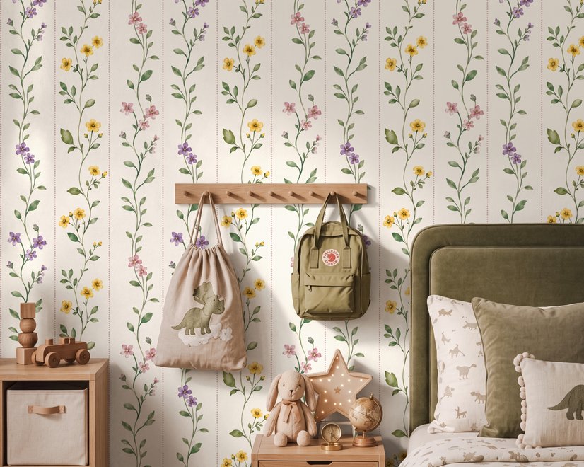 Cute floral wallpaper with green vine trails and pink, purple and yellow watercolor flowers on cream