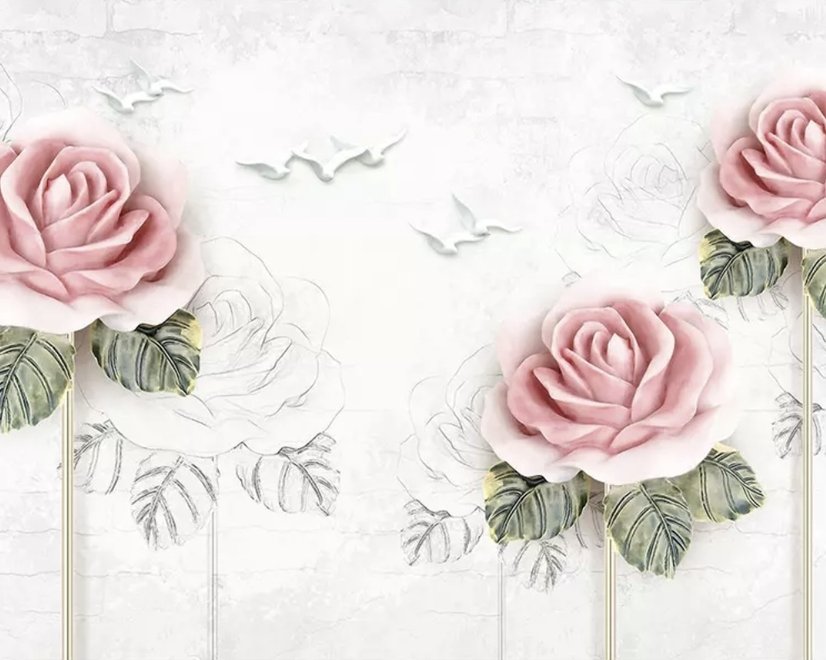 Soft Pink Flower and Charcoal Drawing Roses Wallpaper Mural