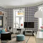 Blue and red plaid wallpaper with denim blue, cream and sky blue woven checks and fine red stripes
